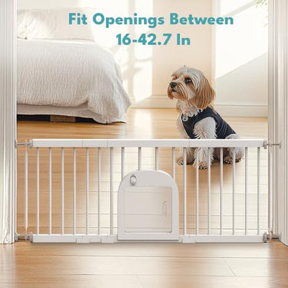 No Pawblems Dog Gate with Small Pet Door, 16"-42.7" Adjustable Metal Short Dog Gate to Step Over, 16.5" Tall Small Pet Gate with 3 Extension Kits, Pressure Mounted Gate for Doorways & Stairs, White