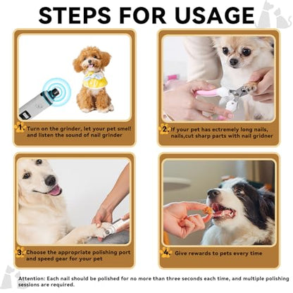 Silent Pet Nail Grinder for Dogs & Cats, 3 Grinding Heads | Professional 2-Speed Rechargeable Dog Nail Trimmer for Small/Medium Dogs & Cats, Painless Paw Grooming