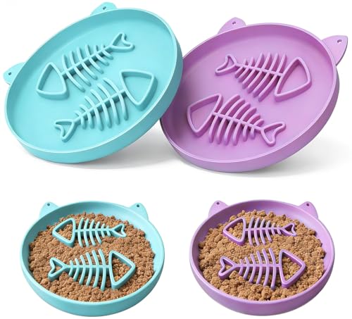 Slow Feeder Cat Bowl, 2 PCS Silicone Bowl, Cat Slow Feeder, Ideal for Dry and Wet Food, Easy to Clean, Interactive Puzzle Toy for Pets Food Training, Keeps Cats Busy, 6.69" W*0.65" H - color: 2Pack-Cyan&Purple