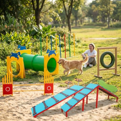 Agility Training Equipment for Canines, Outdoor Dog Agility Course Backyard Set, Agility Hurdles & Poles for Pet Motor Skills, Pet Tunnel 180 * 100 * 110cm