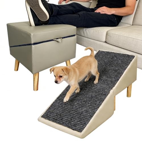 Split Ottoman Dog Ramp for Couch & Bed, 2-in-1 Foldable Dog Stairs with Non-Slip Surface, Solid Wood Pet Ramp for Small & Senior Dogs, Gentle 23° Incline, Modern Furniture Style