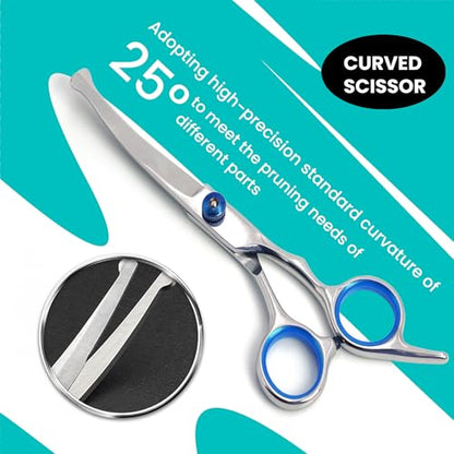 MEDUWEDU 7 in 1 Dog Grooming Scissors Set with Safety Round Head, Sharp and Durable, with Two Stainless Steel Combs, Pet Grooming Scissors for Cats and Dogs