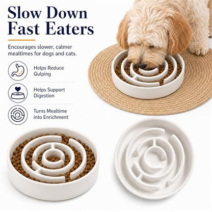 Ceramic Slow Feeder Dog Bowls with Anti-Slip, Slow Feeder & Non-Slip Design, Boredom and Anxiety Reducer, Suitable for All Breed Dogs and Cat (Ceramic-White) - color: Ceramic-White