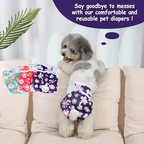 Pet Soft Washable Female Diapers (3 Pack) Female Dog Diapers, Comfort Reusable Doggy Diapers for Girl Dog in Period Heat (Bloom, S) - size: Small:10''-14''