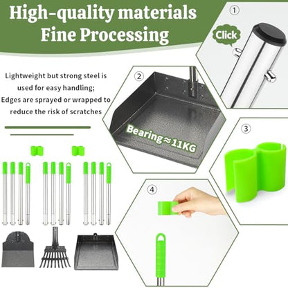 T2Y Extra Long Handle Dog Pooper Scooper 3-Piece Set, Heavy Duty Metal Poop Rake, Tray and Spade for Large Dogs, Stainless Steel Pet Waste Remover & Garden Scoop for Yard/Grass/Dirt/Gravel - size: Rake & Spade & Large Tray-Green
