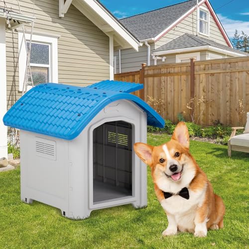 28 inch Raised Plastic Dog House, Outdoor Indoor Doghouse with Adjustable Sunroof and Elevated Base, Water Resistant Pet House Animal Puppy Shelter Kennel for Small Medium Dogs, Blue & White