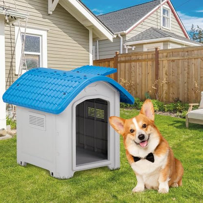 28 inch Raised Plastic Dog House, Outdoor Indoor Doghouse with Adjustable Sunroof and Elevated Base, Water Resistant Pet House Animal Puppy Shelter Kennel for Small Medium Dogs, Blue & White