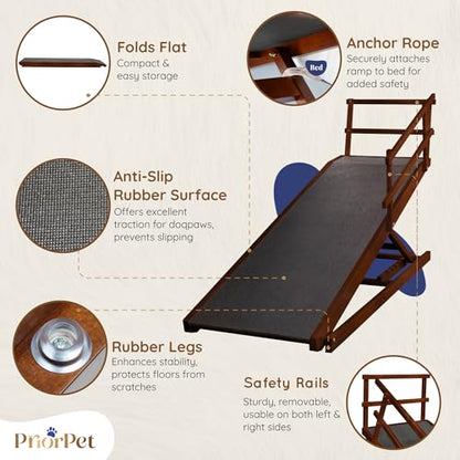 Dog Ramp for Bed with Safety Rails for High Beds up to 37" – Extra Wide 19.5" Adjustable Dog Bed Ramp for Large Dogs up to 200 lbs – Solid Birchwood, Non-Slip Rubber Surface, Foldable Design – Walnut - color: Walnut