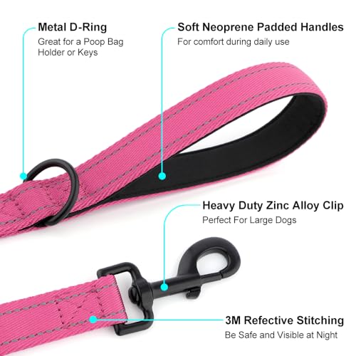 Heavy Duty Double Handle Dog Leash 6 ft Long for Total Control, Padded 2 Handle, Reflective Training Lead for Medium Large Dogs (Pink, 6 FT) - color: Pink