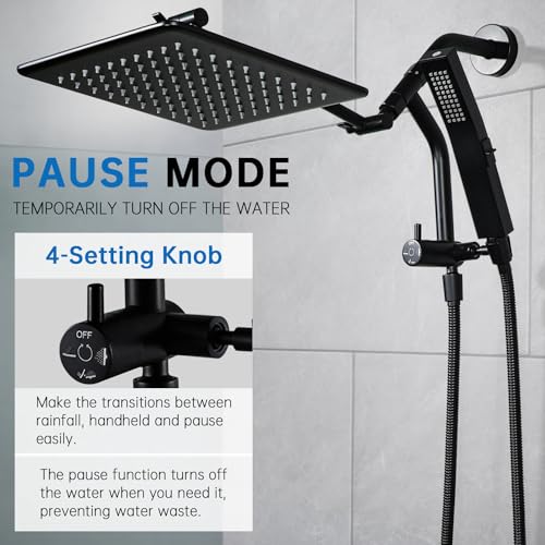 G-Promise All Metal 12 Inch Rain Shower Head with Power Wash Mode Handheld Spray Combo, Pause Setting 3-way Diverter, Full Body Coverage Waterfall Showerhead, Luxury Bathroom Upgrade (Matte Black) - color: Matte Black, size: 12 Inches