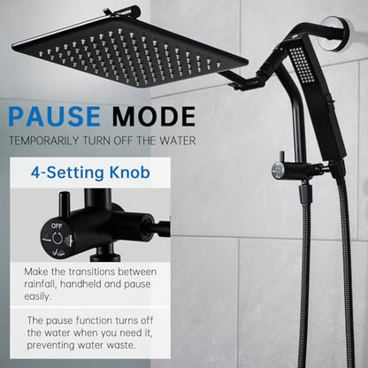 G-Promise All Metal 12 Inch Rain Shower Head with Power Wash Mode Handheld Spray Combo, Pause Setting 3-way Diverter, Full Body Coverage Waterfall Showerhead, Luxury Bathroom Upgrade (Matte Black) - color: Matte Black, size: 12 Inches