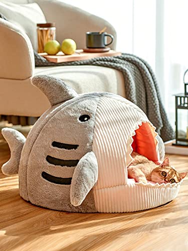 QWINEE Cat Mat Shark-Shaped Kennel Kitten Bed Hideout House Warm Soft Comfortable Semi-Closed Cat Dog Nest Grey Small - color: Grey, size: Small