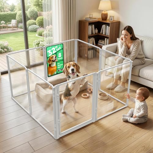 FXW AuraSpace Pro Acrylic Indoor Dog Playpen, Heavy-Duty with Metal Frame, 32" Height 8 Panels for Small and Medium Dogs, White│Patented - color: White, size: 32"H