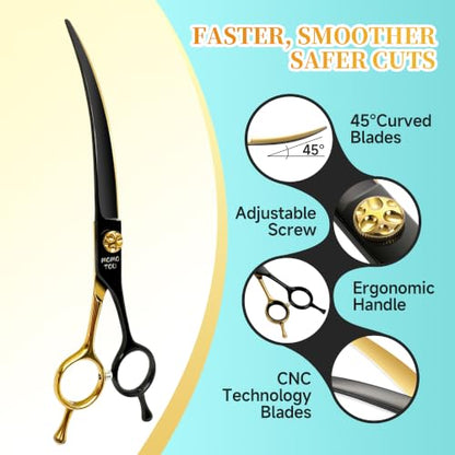 45° Super Curved Dog Grooming Scissors 7.5" | 440C Stainless Steel, CNC, Big Arc Curved, Sharp and Durable, Professional Groomers，Black & Gold，Adjustable Screw