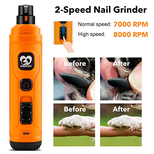 Casfuy Dog Nail Grinder with 2 LED Light - New Version 2-Speed Powerful Electric Pet Nail Trimmer Professional Quiet Painless Paws Grooming & Smoothing for Small Medium Large Dogs and Cats (Orange) - color: A-Orange