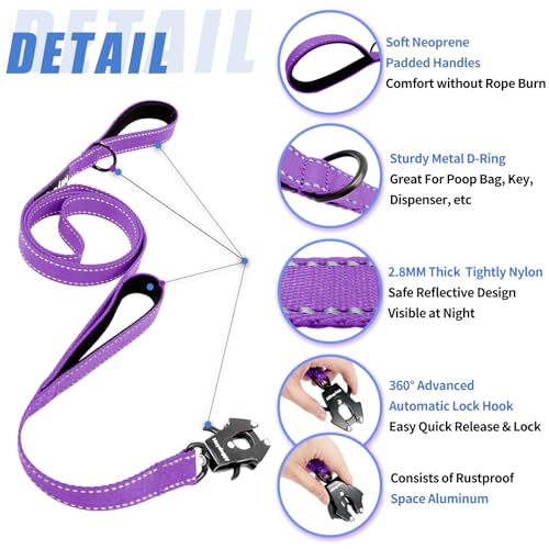 Strong Heavy Duty Dog Leash - 5ft Reflective Nylon Training Leash with Soft Padded Double Handle & Auto Lock Frog Clip, Safety Traffic Control for Large Medium Small Dogs No Pull Walking Purple,5ft - color: Purple, size: 5FT x 1" x 2.8MM