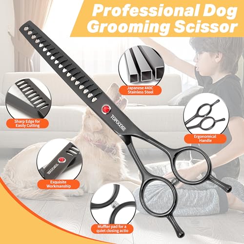 7.5" Dog Grooming Scissor - Professional Thinning Chunker Shear with 18 Teeth Japanese Stainless Steel Hair Scissors for Dogs, Cats and Other Pets (Chunker, Black) - color: Black