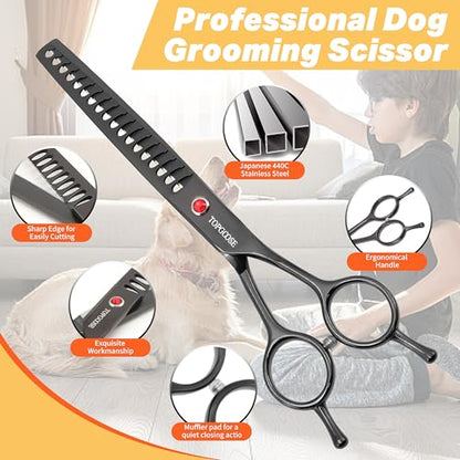 7.5" Dog Grooming Scissor - Professional Thinning Chunker Shear with 18 Teeth Japanese Stainless Steel Hair Scissors for Dogs, Cats and Other Pets (Chunker, Black) - color: Black