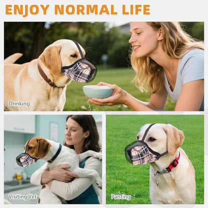 KOOLTAIL Dog Muzzle, Soft Muzzle for Small Medium Large Sized Dogs to Anti & Prevent Barking Grooming Biting, Reflective Adjustable Air Mesh Basket Muzzles, Allows Panting and Drinking, Beige Plaid XL - color: Beige Plaid, size: X-Large