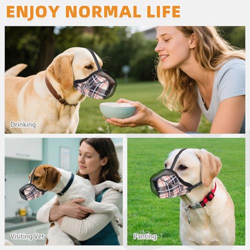 KOOLTAIL Dog Muzzle, Soft Muzzle for Small Medium Large Sized Dogs to Anti & Prevent Barking Grooming Biting, Reflective Adjustable Air Mesh Basket Muzzles, Allows Panting and Drinking, Beige Plaid M - color: Beige Plaid, size: Medium