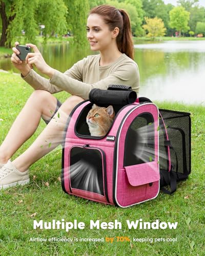 pecute Cat Backpack Extendable, Cat Carrier Backpack with Breathable Window - color: Pink, size: 12.6"L x 10.2"W x 16.5"H