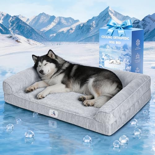 Cooling Dog Bed for Extra Large Dogs, Orthopedic Dog Bed with Pillow Memory Foam Waterproof Couch Removable Cover Washable Nylon Pet Sofa with Non Slip Bottom Indoor Outdoor XL (48" Grey) - color: Frosted Grey, size: 48x32x7.5inch