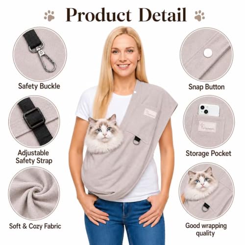 Cat Sling & Dog Sling Carrier for Small Dogs and Cats (3-14 lbs) – Ultra Soft Fleece Puppy Carrier for Indoor Home Use,Hands-Free Cat Carrier with Wide Shoulder Strap, Cozy Pet Sling (Grey) - color: Grey