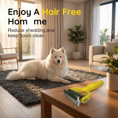 Double Sided Dematting Comb for Cats & Dogs, Undercoat Rake, Safe Deshedding Grooming Tool, Gentle Matt Remover Detangler for Long Thick Haired Pets, Ergonomic Pet Grooming Brush (Purple) - color: Purple