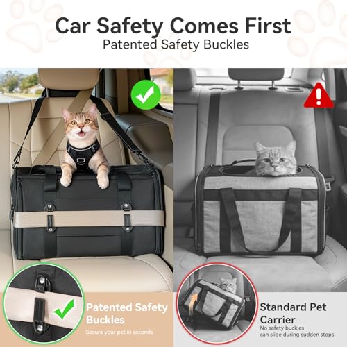 PETSFIT Soft-Sided Cat Carrier with Patented Safety Buckles, Lockable Zippers & Safety Tether,Escape-Resistant Travel Pet Carrier for Car Rides & Vet Visits, Airline Approved Under-Seat, Up to 12 lbs - color: Black, size: 18.0"L x 11.0"W x 11.0"H