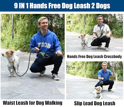 Hands Free Dog Leash Crossbody & Waist for Dog Walking, 9-in-1 No Pull Heavy Duty Leash with 2 Padded Handles, Reflective & Tangle-Free for Large & Medium Dogs (1/2" x 8.5 ft, Black) - size: 8.5 Ft(no slip lead & bungee)