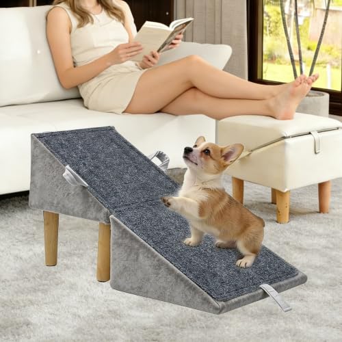 Split Ottoman Dog Ramp for Small Dogs and Cats – 2-in-1 Foldable Wooden Pet Ramp and Stairs for Couch and Low Bed, or Ottoman, Non-Slip and Portable, Grey - color: Gray