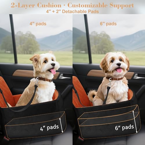 Dog Car Seat for Small/Medium Dogs,Pet Dog Booster Car Seat Puppy 15-35 lbs with Soft 4+2in Detachable Pads Detachable Elevated Cushion and Washable Cover Brown - color: black-brown