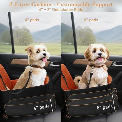Dog Car Seat for Small/Medium Dogs,Pet Dog Booster Car Seat Puppy 15-35 lbs with Soft 4+2in Detachable Pads Detachable Elevated Cushion and Washable Cover Brown - color: black-brown