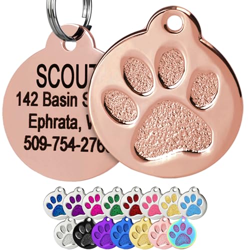 GoTags Paw Print Round Stainless Steel Pet Tag for Dogs and Cats, Personalized with 4 Lines of Custom Engraved ID Name and Number, in Stainless Steel and 15 Colors Small and Large, Rose Gold - color: Solid Rose Gold, size: Small w/o Silencer