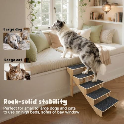 5-Step Dog Stairs for Large Dogs, Solid Wooden Dog Steps for Beds/Couch with Carpet, 24 Inches Anti-Slip Pet Stairs for High Beds, Ramp for Older/Senior Dogs, Pet Bed Stairs to Get on Bed/Sofa - size: 5-Step