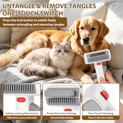 2-in-1 Pet Self-Detangling Grooming Comb, Professional Dematting Brush & Undercoat Rake for Dogs and Cats, Removes Mats Tangles Loose Fur, Gentle for Long/Short Thick Curly Fur