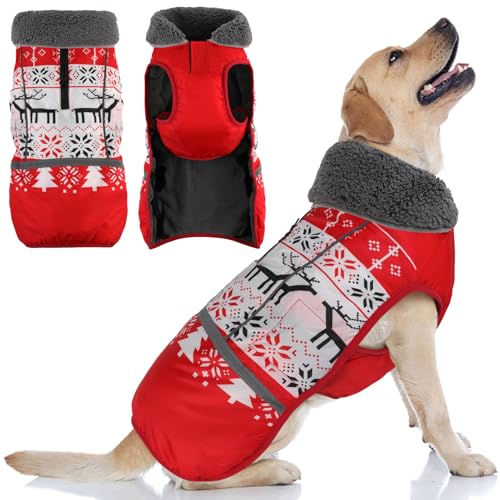 Doglay Dog Coat, Waterproof Dog Jacket Pet Winter Coat for Cold Weather with Thicken Furry Collar, Reflective Puppy Winter Jacket Warm Fleece Lining for Small Medium Large Pets - color: Christmas-1, size: S(Chest : 11-18.11" , Back : 9.84")