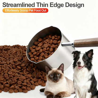 Dog-Cat Food Scoop 1 Cup – 304 Stainless Steel Measuring Cup with Long Walnut Handle, Precise Scale for Pet Food, Easy to Clean & Durable Metal Scoop for Dogs, Cats, and Kitchen Use