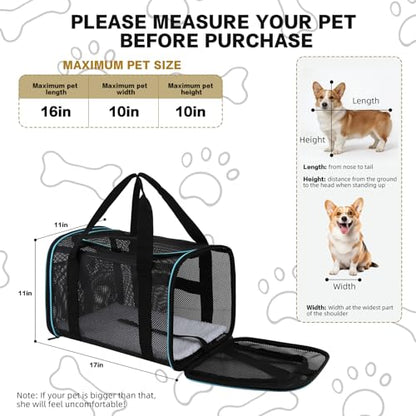 Cat Dog Pet Carriers Soft-Sided Cats Bag Animal Carriers Puppy Carrying Bag TSA Airline Approved Dog Carrier Soft Sided, Collapsible Travel Carriers for Big Cats/Small Dogs Up to 16lbs 17 * 11 * 11