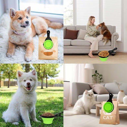 Collapsible Dog Food Scoop Foldable Pet Food Bag Clip 3 in 1 Multi-function Silicone Cat Food Measuring Cup Scoop Dog Food Scooper Pet Food Storage Clip (Green, 2 Cup Capacity(1 Pack)) - color: Green, size: 2 Cup Capacity(1 Pack)