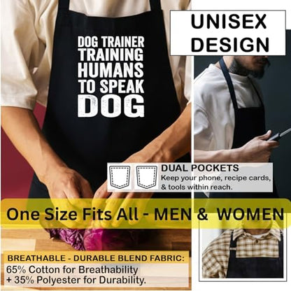 Dog Trainer Training Humans to Speak Dog Apron, Unisex, Black, One Size Fits All, Cotton Blend, Casual, Text Graphic, 2 Pockets
