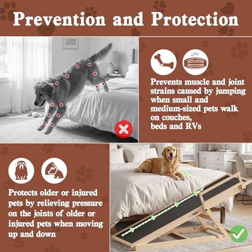 Dog Ramp for High Bed Couch, 55" Long Pet Steps for Any Sizes Dogs | 5 Heights 19.5"-27.4", Holds 250lbs, Foldable, 2 Safety Side Rails, For Older/Injured Pets, Solid Wood, Anti-slip Yoga Mat - size: 55"L x 18.3"W x 3"H
