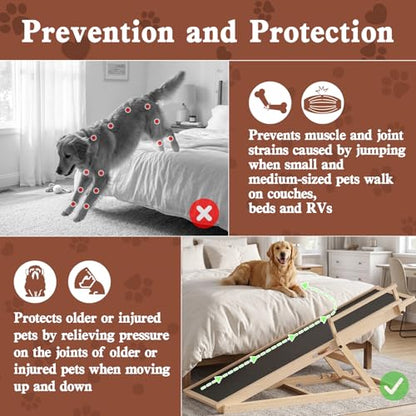 Dog Ramp for High Bed Couch, 55" Long Pet Steps for Any Sizes Dogs | 5 Heights 19.5"-27.4", Holds 250lbs, Foldable, 2 Safety Side Rails, For Older/Injured Pets, Solid Wood, Anti-slip Yoga Mat - size: 55"L x 18.3"W x 3"H