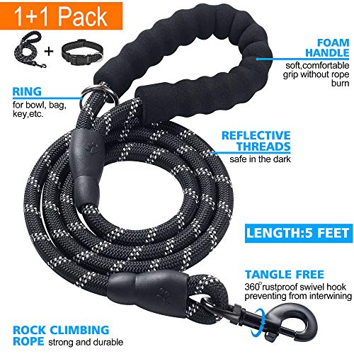 Ladoogo Reflective Dog Collar Padded with Soft Neoprene Breathable Adjustable Nylon Dog Collars for Small Medium Large Dogs (X-Small (Pack of 1), Black Collar+Leash) - color: Black Collar+Leash, size: X-Small (Pack of 1)