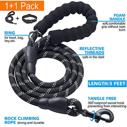 Ladoogo Reflective Dog Collar Padded with Soft Neoprene Breathable Adjustable Nylon Dog Collars for Small Medium Large Dogs (Small (Pack of 1), Black Collar+Leash) - color: Black Collar+Leash, size: Small (Pack of 1)