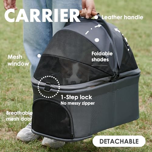 Zoosky 3 in 1 Pet Stroller with Removable Carrier, Folding Stroller for Small/Medium Dogs and Cats, Waterproof, All-Terrain, with Sun Shades, Car Seat - color: Dark Gray
