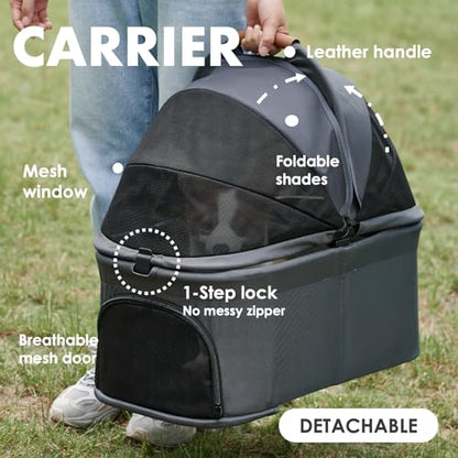 Zoosky 3 in 1 Pet Stroller with Removable Carrier, Folding Stroller for Small/Medium Dogs and Cats, Waterproof, All-Terrain, with Sun Shades, Car Seat - color: Dark Gray