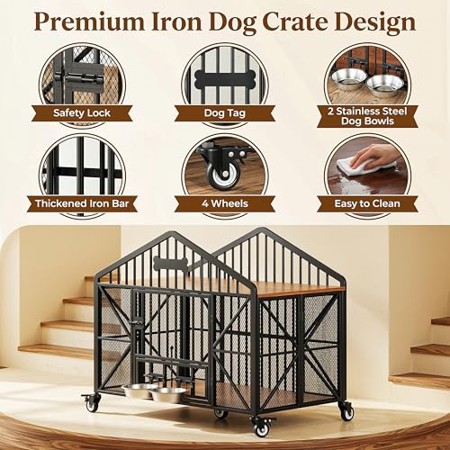 IRONCK 41.5" Foldable Dog Crate Furniture, No Assembly Required Dog Kennel Indoor with 5 Wheels, Wooden Dog Cage with 2 Rotatable Dog Bowls & Name Tag for Small/Medium Dogs, Rustic Brown