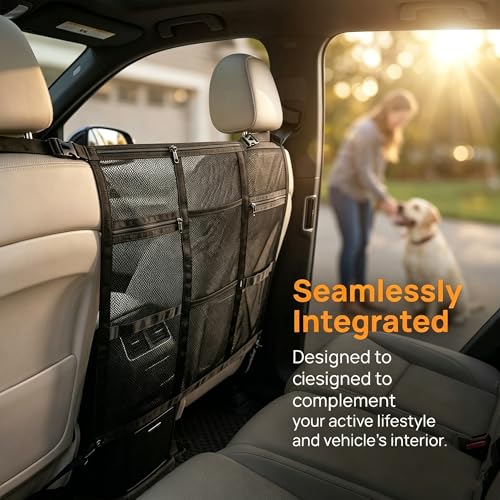 Loscarol Dog Car Barrier, Rear-Seat Divider Net with 3 Zipper Storage Bag, Drill-Free Install Abrasion-Resistant Mesh to Block Front Seats, Vehicle Safety Partition for SUV & Truck