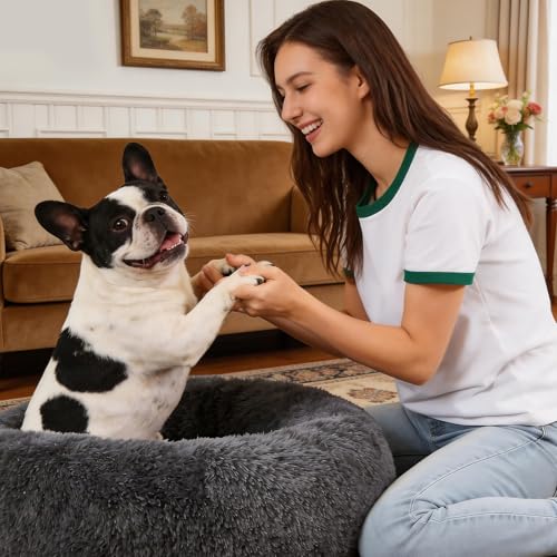 Dog Calming Beds for Small Medium Large Dogs - Round Donut Washable Puppy Dog Bed, Anti-Slip Faux Fur Fluffy Donut Cuddle Anxiety Cat Pet Bed(28" Dark Grey) - color: Dark Grey, size: 28"L x 28"W x 8"Th
